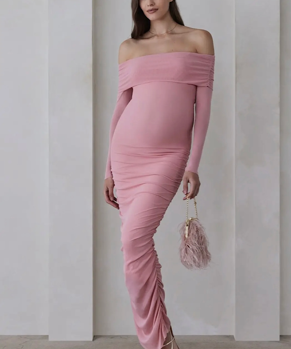 BUMPSUIT: Off the Shoulder Soft Mesh Dress (Pink) Bump City BUMPSUIT: Off the Shoulder Soft Mesh Dress (Pink) Bump City
