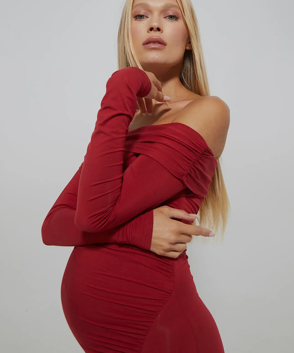 red off shoulder maternity dress BUMPSUIT: Off-The-Shoulder Evening Dress (Red) – Bump City