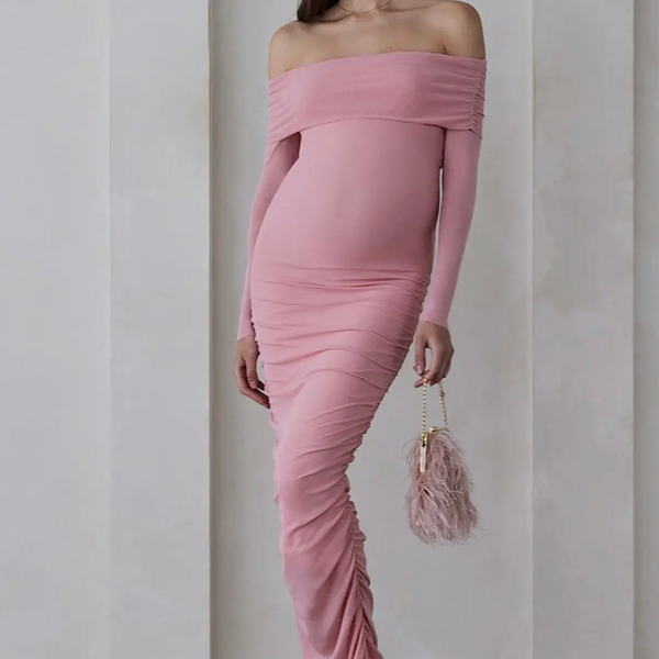 knee length dresses for ladies Momyknows Pink Off Shoulder Bandeau Pleated Bodycon Puff Sleeve Evening Gown Baby Shower Maternity Maxi Dress Pink / L main image 0