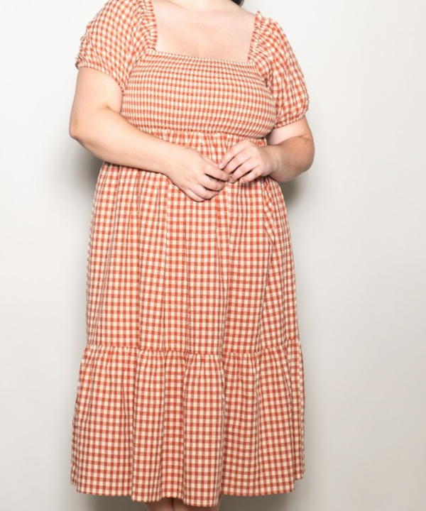 The Plus Gingham Puff Sleeve Midi Dress (Cherry)
