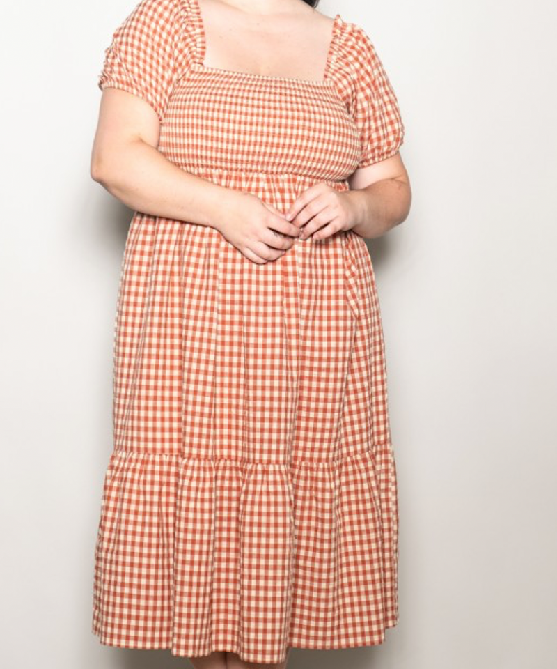 The Plus Gingham Puff Sleeve Midi Dress (Cherry)