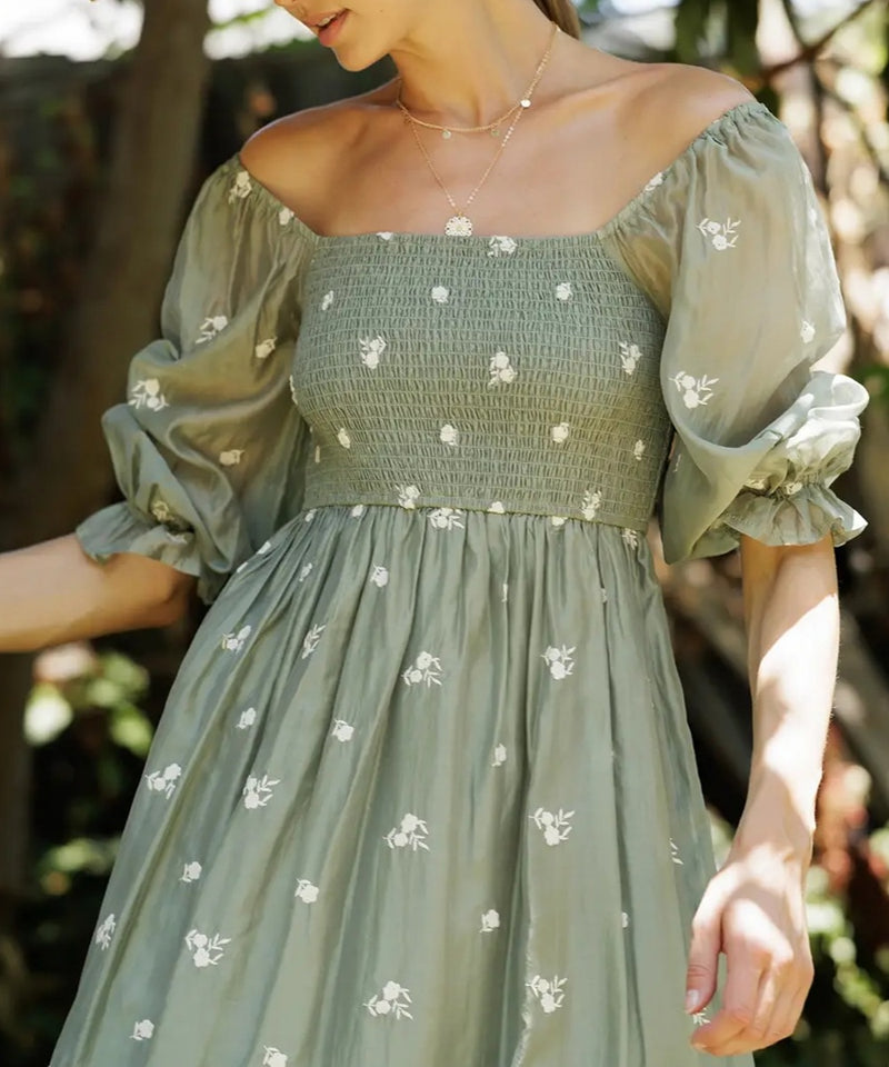 The Samantha Smocked Midi Dress (Sage Green) – Bump City