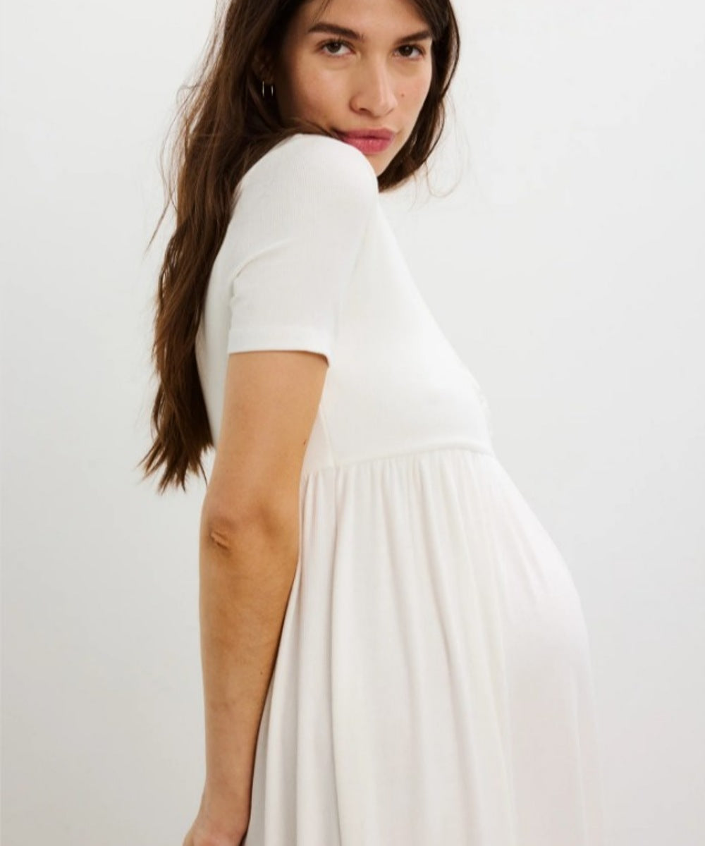 cute maternity dresses for gender reveal Momyknows White Lace Corset Square Neck Flare Sleeve Off Shoulder Bodycon Elegant Maternity Gender Reveal Maxi Dress, White / L