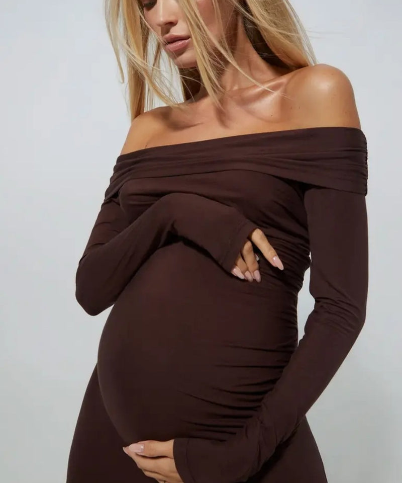 BUMPSUIT: Off-The-Shoulder Evening Dress (Brown) – Bump City