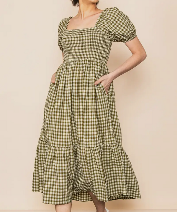 The Gingham Puff Sleeve Midi Dress