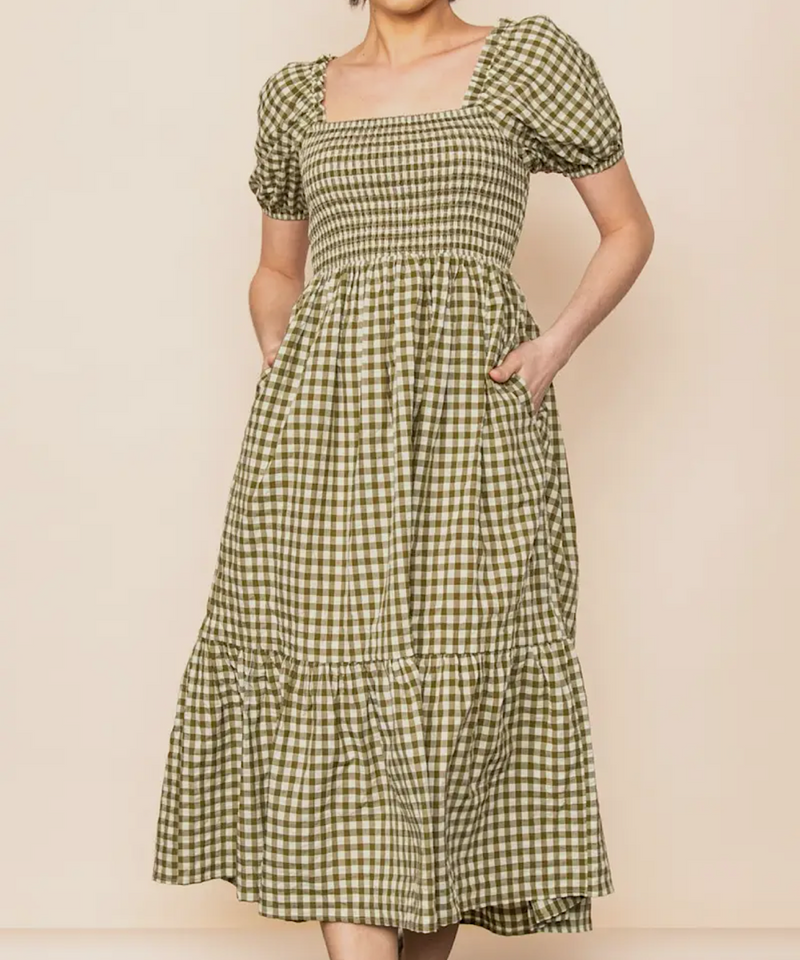 The Gingham Puff Sleeve Midi Dress