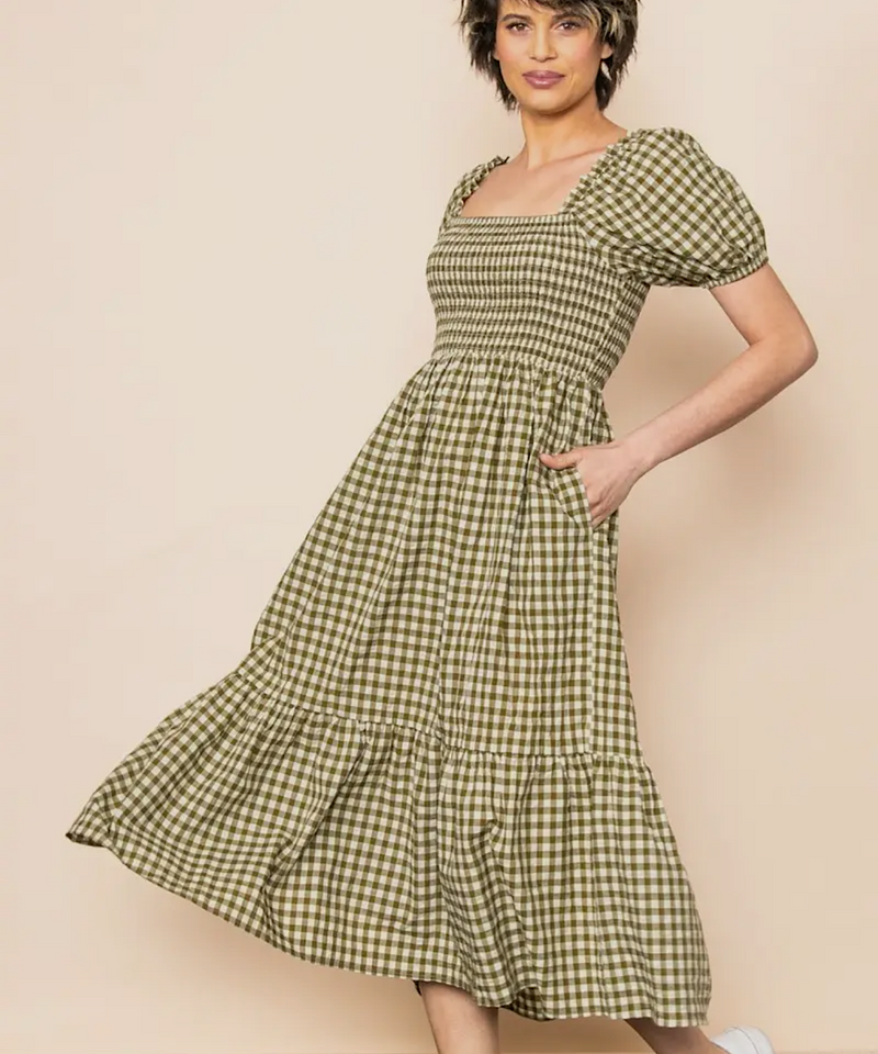 The Gingham Puff Sleeve Midi Dress