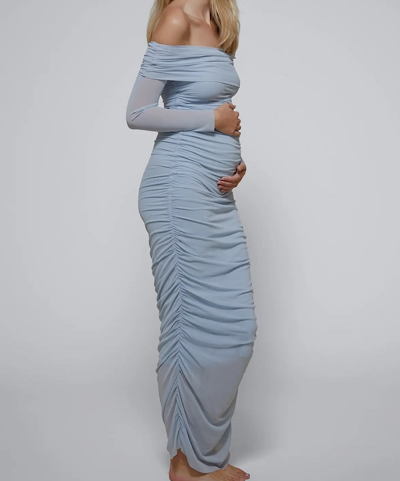 BUMPSUIT: Off the Shoulder Soft Mesh Dress (Blue)