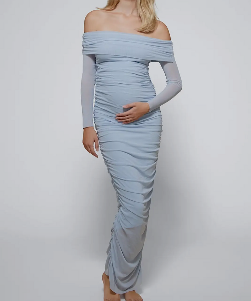 BUMPSUIT: Off the Shoulder Soft Mesh Dress (Blue)