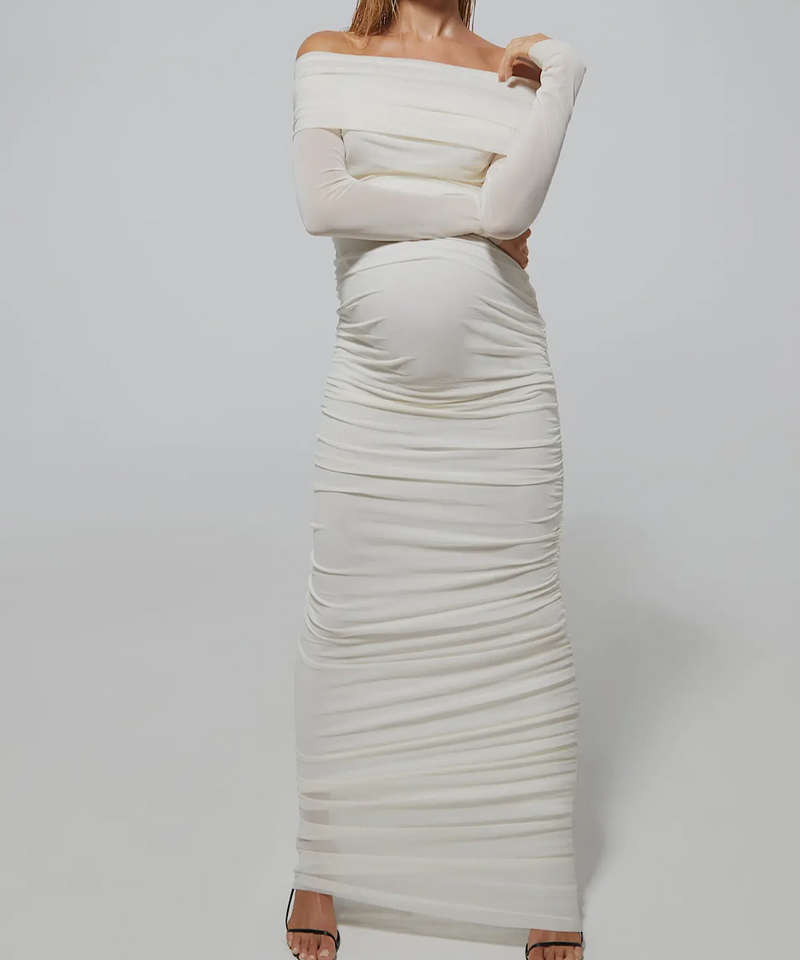 BUMPSUIT: Off the Shoulder Soft Mesh Dress (Ivory) Bump City BUMPSUIT: Off the Shoulder Soft Mesh Dress (Ivory) Bump City