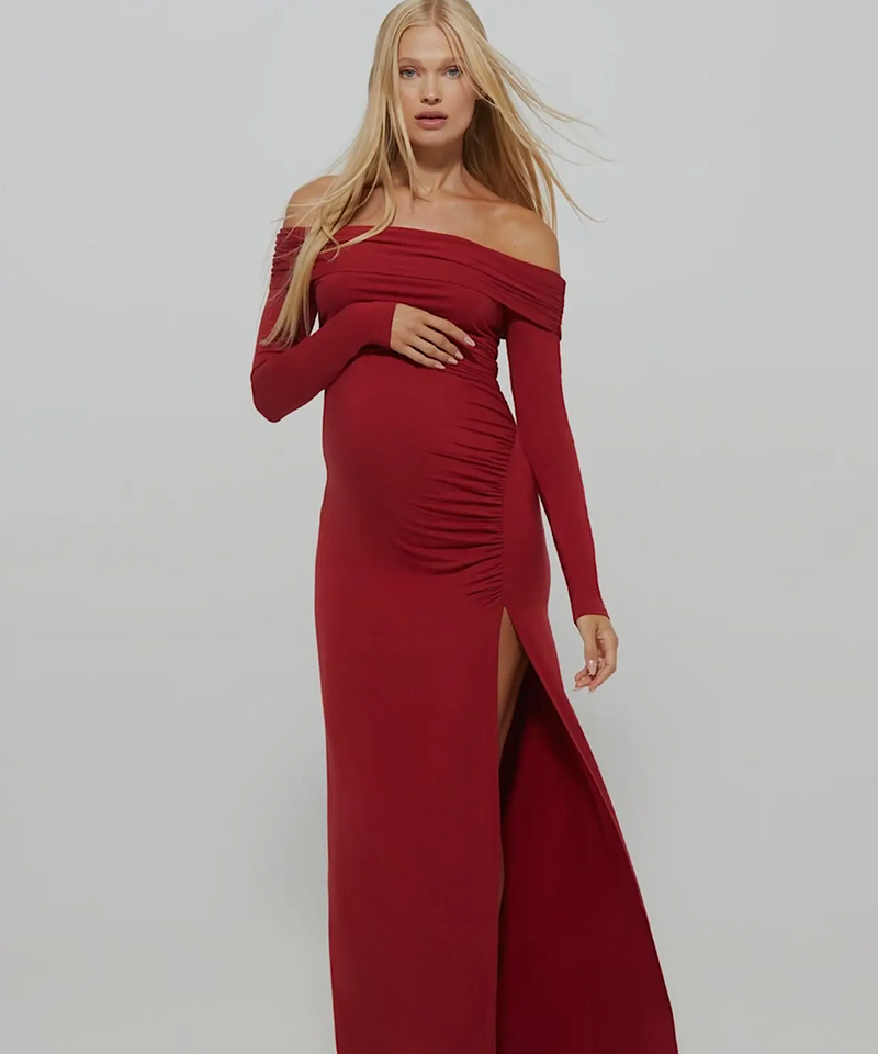 BUMPSUIT: Off-The-Shoulder Evening Dress (Red) – Bump City