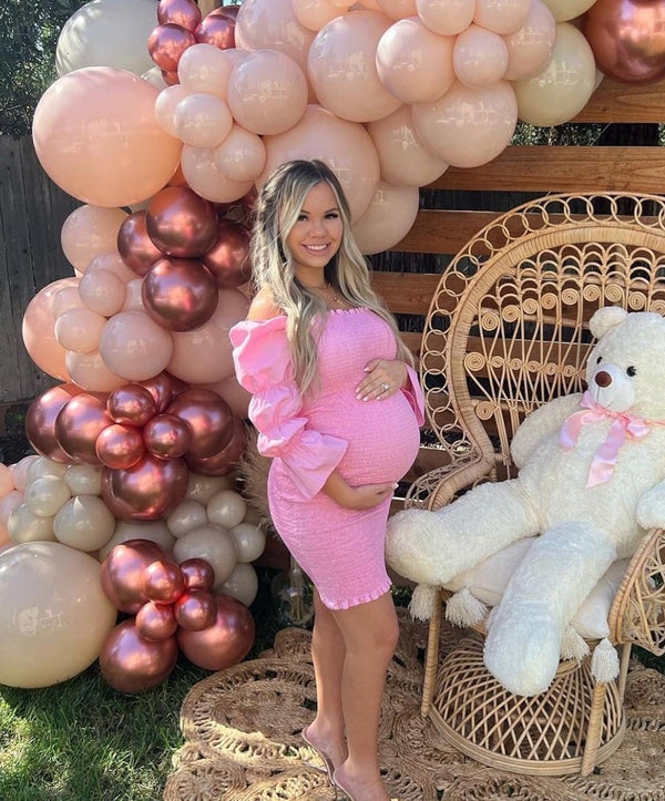 Swiss Dot Smocked Maternity Dress for Baby Shower Photoshoot Casual Summer  V Neck Ruffle Sleeve Empire Waist Boho Dress B Pink at Amazon Women's  Clothing store