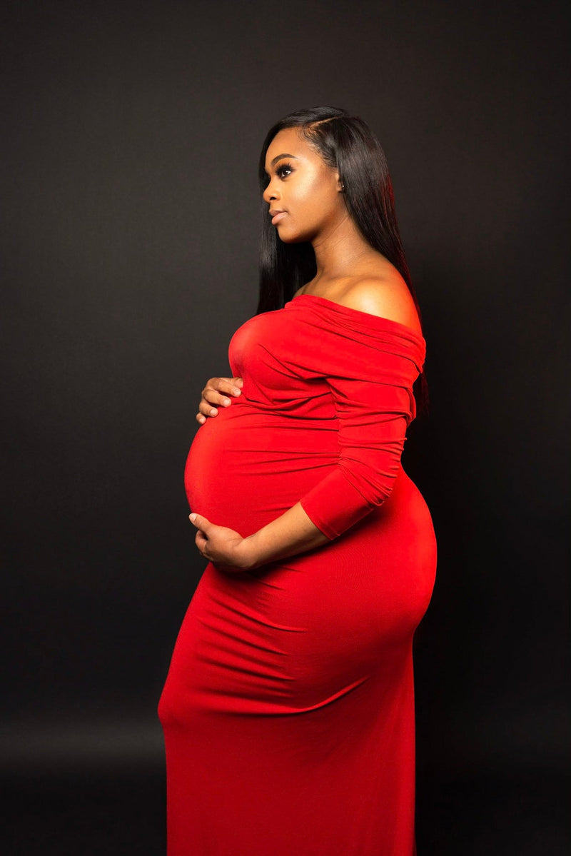 Red Off the Shoulder Maternity Dress